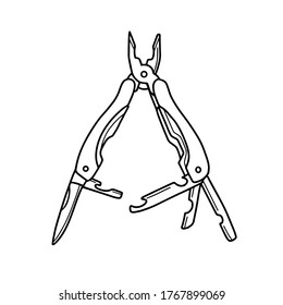Cuchillo de acampada plegable multiherramienta.Cuchillo portátil con alicates, tijeras, archivo. Ilustración vectorial en estilo Doodle