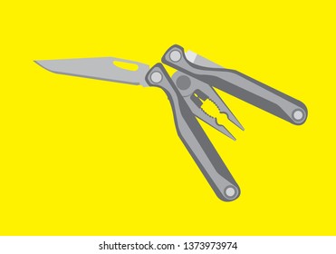 Multi-tool folding pocket knife. Multifunction knife icon. Simple illustration of multifunction knife vector icon  isolated on yellow background.