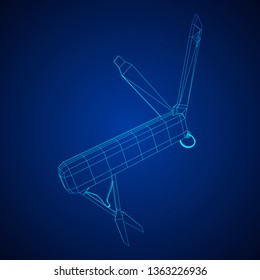 Multi-tool folding pocket knife, multipurpose penknife. Multifunctional tool model wireframe low poly mesh vector illustration