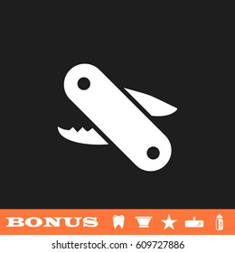 Multitool icon flat. White pictogram on black background. Vector illustration symbol and bonus button tooth, vase, star, mirror, bottle