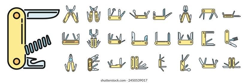 Los iconos de herramientas múltiples definen el Vector de contorno. Cuchillo multifuncional. Cuchilla de ejército de línea fina de color plano en blanco