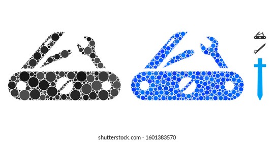 Multitool knife composition of spheric dots in variable sizes and shades, based on multitool knife icon. Vector round dots are composed into blue collage.