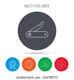 Multitool knife icon. Multifunction tool sign. Hiking equipment symbol. Globe, download and speech bubble buttons. Winner award symbol. Vector
