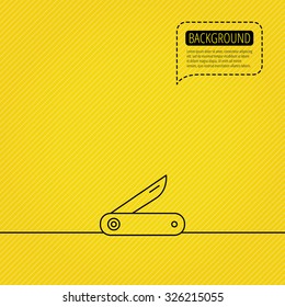 Multitool knife icon. Multifunction tool sign. Hiking equipment symbol. Speech bubble of dotted line. Orange background. Vector