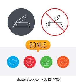 Multitool knife icon. Multifunction tool sign. Hiking equipment symbol. Shopping cart, globe, heart and check bonus buttons. Ban or stop prohibition symbol.
