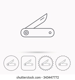 Multitool knife icon. Multifunction tool sign. Hiking equipment symbol. Linear circle, square and star buttons with icons.