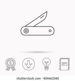 Multitool knife icon. Multifunction tool sign. Hiking equipment symbol. Download arrow, lamp, learn book and award medal icons.