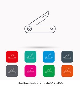 Multitool knife icon. Multifunction tool sign. Hiking equipment symbol. Linear icons in squares on white background. Flat web symbols. Vector