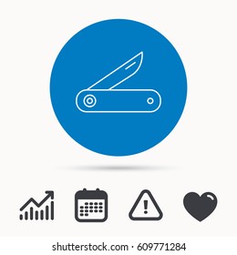 Multitool knife icon. Multifunction tool sign. Hiking equipment symbol. Calendar, attention sign and growth chart. Button with web icon. Vector