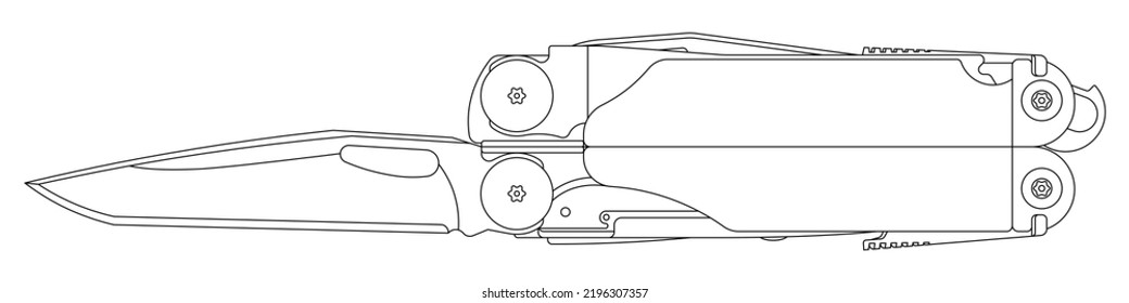 Multitool or multi-tool knife isolated outline vector on white background. This cutting tool is used for adjustment or repair of a firearm in field use. that combines several  functions in one.