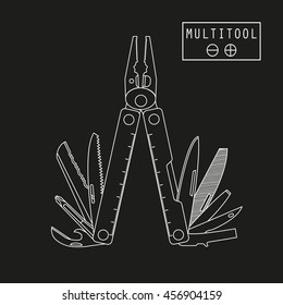 Multitool. Multifunctional tool, typically in the form of hollow folding pliers handles which are hidden. Vector. Isolated