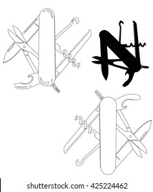 multi-tool, multipurpose penknife. isolated outline and silhouette vector illustration