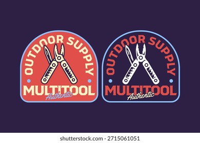 Conjunto de diseño de logotipo de insignia retro multiherramienta para suministro al aire libre. Paquete gráfico de símbolos de parche vintage de capas plegables y cuchillo para acampar y sobrevivir. Herramienta de bolsillo con diseños de elementos de emblema rústico para viajar