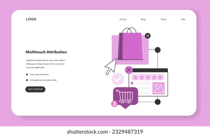 Atribución multitáctil. Evaluación de la eficacia de marketing con la técnica de seguimiento de viajes del cliente. Apuntar a la publicidad, el plan de contenido y el desarrollo de la campaña de marketing. Ilustración vectorial plana