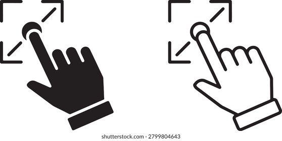 A multi-touch interface line icon pairing showcasing a human hand finger performing resizing zoom pinch gestures on a target screen.
Conveys interactive display configuration controls, smartphone photo scale adjustments, and touch monitor calibration settings.
Ideal for computer software user guides, electronic gadget hardware manuals, and mobile gaming controller layout diagrams.