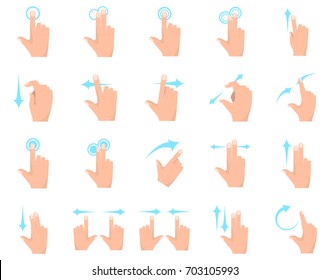 Multitouch screen hand gestures elements collection, flat icons set, Colorful symbols pack contains - tap scroll click flick rotate pinch zoom hold drag. Vector illustration. Flat style design