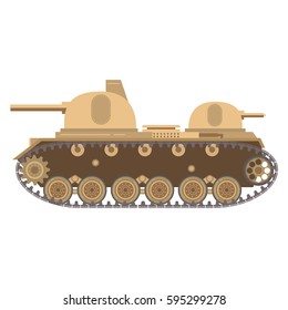 The multitower medium battle tank with the gun and a machine gun.Caterpillar fighting military armored vehicle.Army equipment.For the websites and games.Vector in flat .Multi-turreted.Artillery cannon