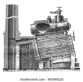 From multi-tubular boiler Naeyer, Longitudinal section, vintage engraved illustration. Industrial encyclopedia E.-O. Lami - 1875.