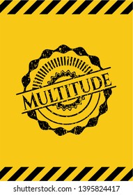 Multitude black grunge emblem, yellow warning sign. Vector Illustration. Detailed.