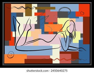 A multitude of colored shapes and lines are arranged in a seemingly abstract composition, with a central figure loosely outlined in a curved, minimalist style.
