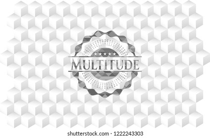 Multitude grey badge with geometric cube white background