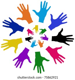 Multitude of human hands, as varicoloured beams of the sun