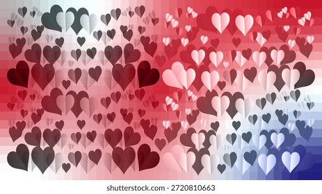 Una multitud de corazones de papel superpuestos en tonos de rojo, blanco y azul amor de San Valentín