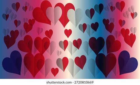 Una multitud de corazones rojos, azules y blancos en un fondo degradado amor romance