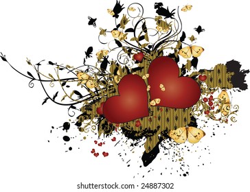 A multitude of red hearts on a golden background with a leaf ornament
