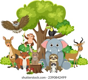 A multitude of wild animals living harmoniously beneath a tree