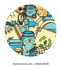 Multiuse shopping and storage items. Bags, glassware, labels, and cotton pouches. Doodle illustration in a round frame.