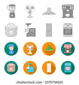 Multivarka, refrigerator, meat grinder, gas stove.Household set collection icons in monochrome,flat style vector symbol stock illustration web.