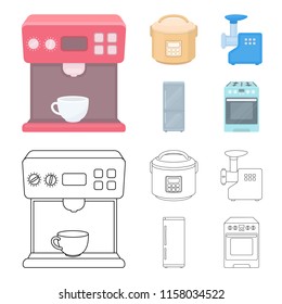 Multivarka, refrigerator, meat grinder, gas stove.Household set collection icons in cartoon,outline style vector symbol stock illustration web.