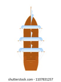 Multi-vaulted ancient wooden ship. Sea transport, an ancient means of transportation on water. Navigational passenger and cargo ship. Sea travel, marine object top view. Vector illustration.