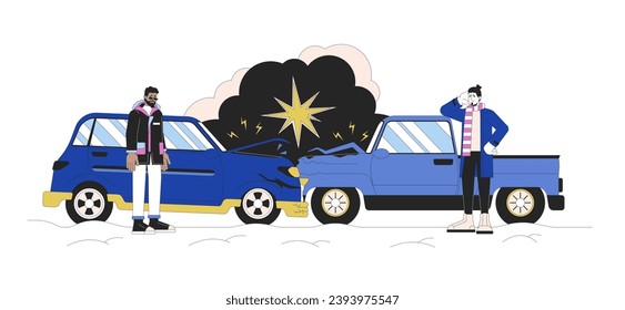 Multi-vehicle accident during winter storm line cartoon flat illustration. Blizzard car crashing drivers 2D lineart characters isolated on white background. Traffic collision scene vector color image