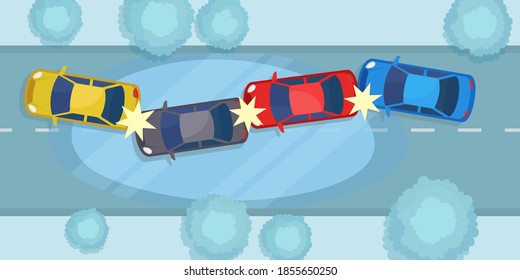 Multi-vehicle car accident on icy road winter, top view. Multiple cars crash on snowy and slippery highway. Vector illustration, flat design, cartoon style.