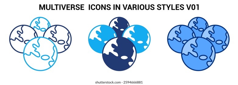 Multiverse icon represented by several earths lined up Blue, Dualline, Dualtone style.