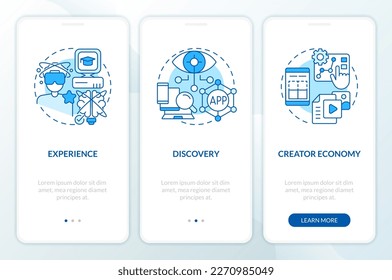 Multiverse layers blue onboarding mobile app screen. Virtual reality walkthrough 3 steps editable graphic instructions with linear concepts. UI, UX, GUI template. Myriad Pro-Bold, Regular fonts used