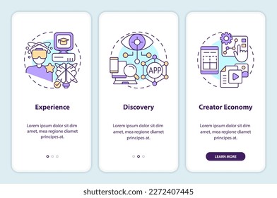 Multiverse layers onboarding mobile app screen. Virtual reality walkthrough 3 steps editable graphic instructions with linear concepts. UI, UX, GUI template. Myriad Pro-Bold, Regular fonts used