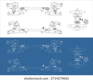 Dibujo técnico ortográfico multiview de la suspensión y del estante de dirección del doble Wishbone del frente del coche en el fondo blanco y del plan