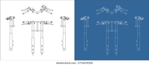 Dibujo técnico ortográfico multivista de la horquilla delantera de la motocicleta y el montaje del manillar sobre fondo blanco y plano