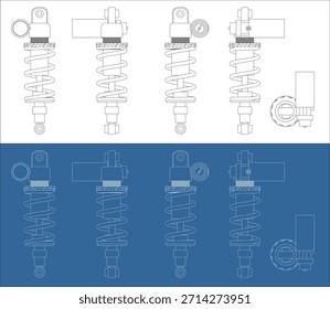 Multiview Orthographic Technical Drawing of Motorcycle Rear Suspension Shock Absorber on White and Blueprint Background