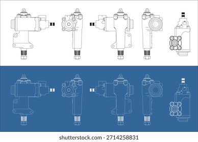 Multiview Desenho Ortográfico Técnico do Componente Caixa de Engrenagem de Direção de Potência no Fundo Branco e Blueprint