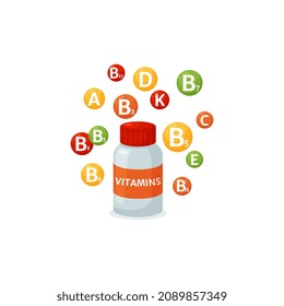 La botella de multivitamina contiene minerales, antioxidantes, micronutrientes para la prevención de enfermedades, uso diario como complemento alimenticio. Vitaminas de diferentes grupos en ilustraciones vectoriales planas aisladas en blanco