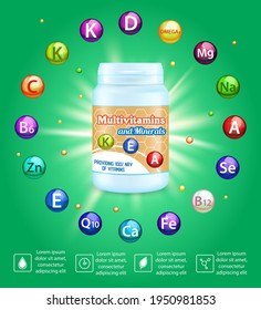 Multivitamin complex advertising vector poster, banner template. Realistic vitamin and mineral supplements packaging plastic bottle mockup and colorful vitamin balls. Health care, pharmacy industry.