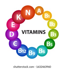 Multivitamin complex for health. Vitamin A, B1, B2, B3, B5, B6, B9, B12, C, D, E, K, N. Colorful 3d spheres. Vector illustration