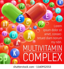 Multivitamin complex poster of vitamins and minerals for healthy life or medical dietary supplement advertisement. Vector design of vitamins A, C or D and E pills and 3D capsules