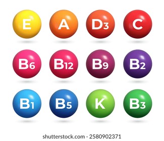 Multivitamin complex. Set of realistic 3d glossy balls with Vitamin symbol. Vector healthy food supplement icons