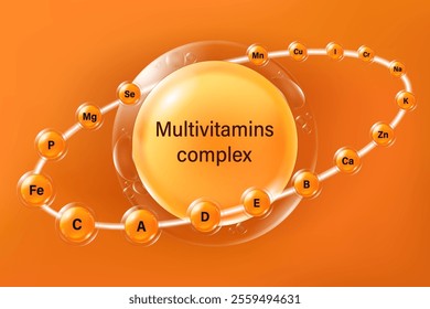 Multivitamin complex. Vitamin and mineral complex vector. Set of Essential Mineral supplement icons.