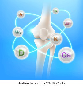 Concepto multivitamínico que ayuda a mantener huesos sanos, articulaciones de rodilla y piernas. El anillo de vitaminas rodea la masa ósea sobre un fondo azul. Archivo vectorial 3d realista